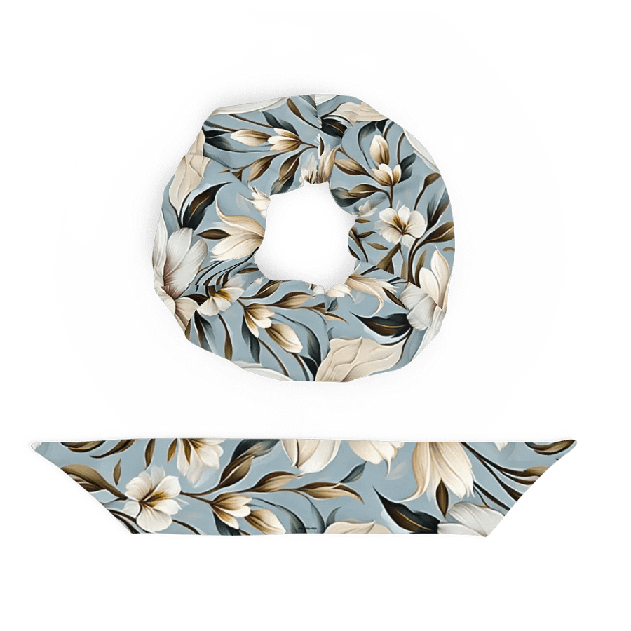 Hair Scrunchie - White and Beige Flowers on a Light Blue Background product image (5)