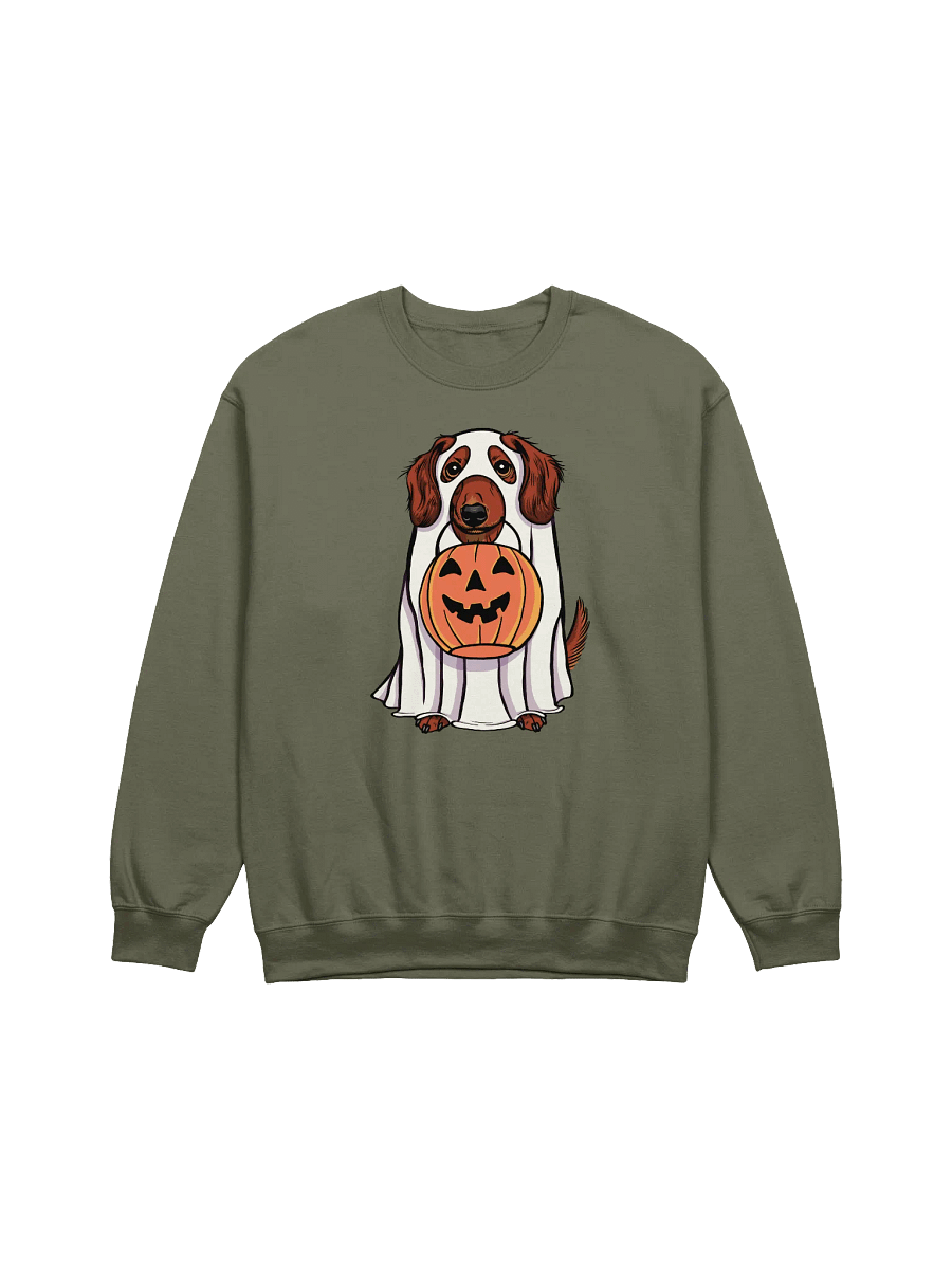 Funny Halloween Longhaired Dachshund(Red) Sweatshirt | Funny Doxie/Wiener Wearing a Ghost Costume and Holding a Pumpkin Basket product image (17)