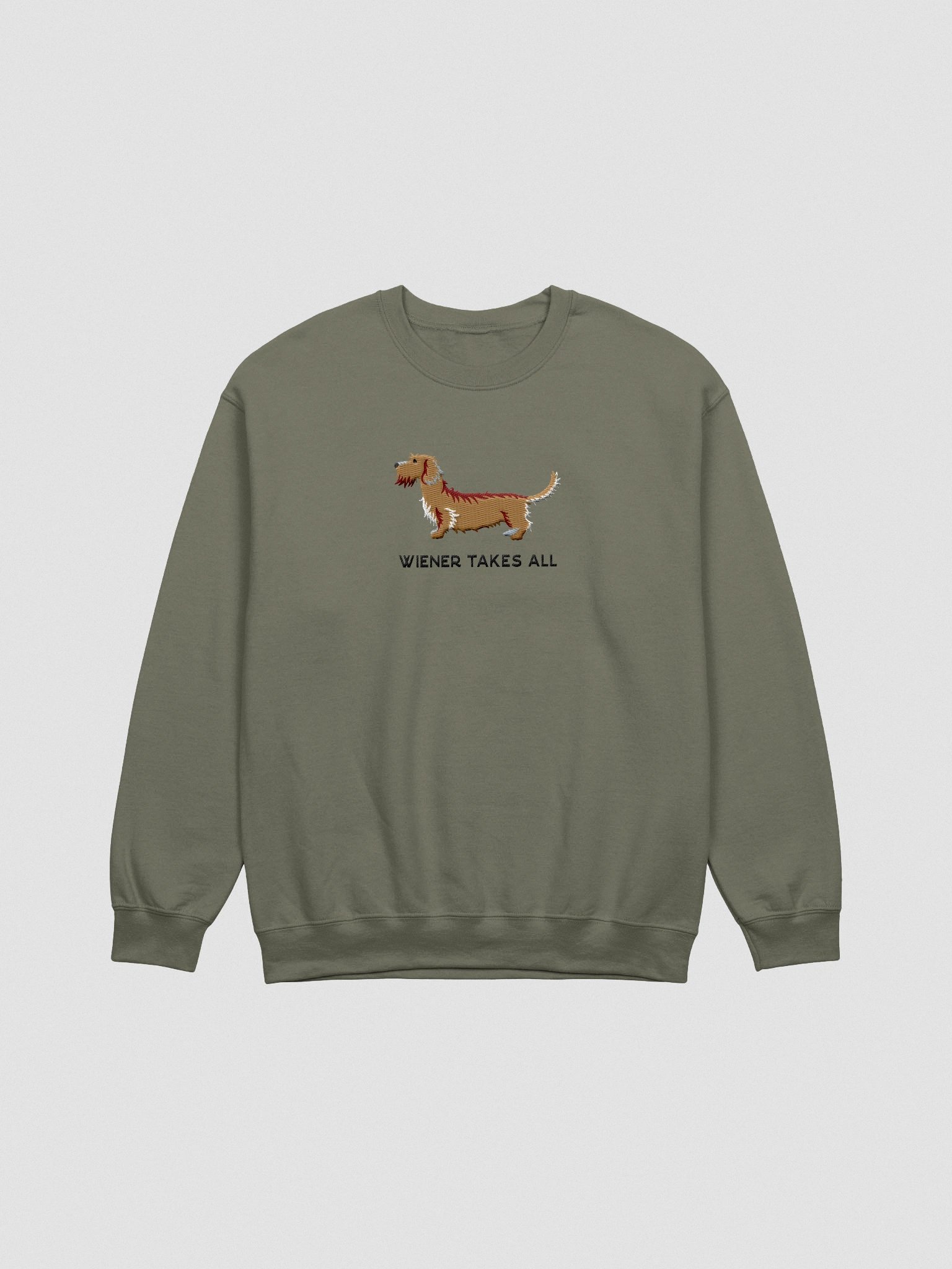 Wiener Takes All Sweatshirt (Embroidered) of a Wirehaired Dachshund(Tan) product image (4)