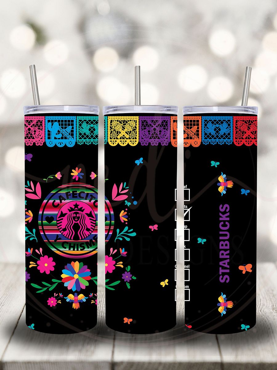 Tumbler Cups | 20oz Skinny Tumbler | Cafecito Y Chisme Fiesta Black Tumbler | Personalized Tumbler | Mexican Tumbler with Straw product image (1)