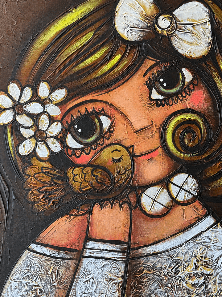 cuadro original, título Niña con pajarito, dimensiones 16x20 pulgadas, tecnica pincel seco product image (1)