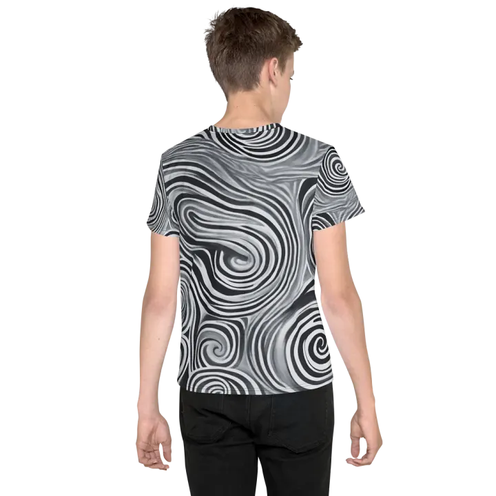 Funky Black and White Noir Liquid Tie-Dye Youth Crew Neck Tee product image (2)