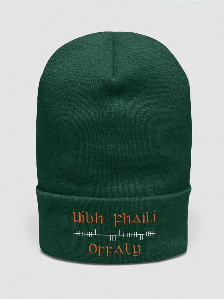 Offaly/Uíbh Fhailí Orthodox style Ogham, Green with white and orange, embroidered Cuffed Beanie product image (1)