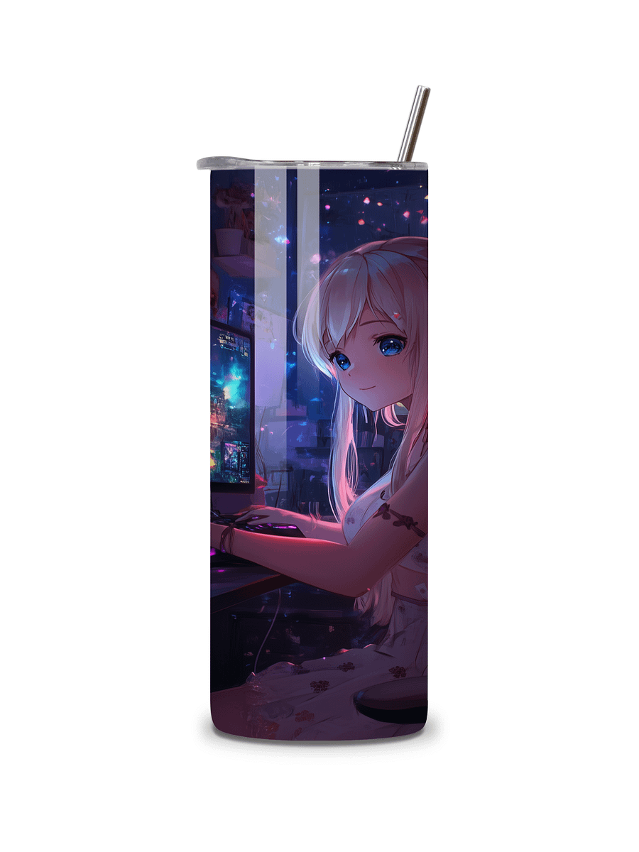 Anime Gamer Girl 20oz Skinny Tumbler with Metal Straw – Vibrant Gaming Setup Design – Double-Walled Insulated Stainless Steel Tumbler Gift for Anime and Gaming Fans (Anime Girl 4) product image (3)