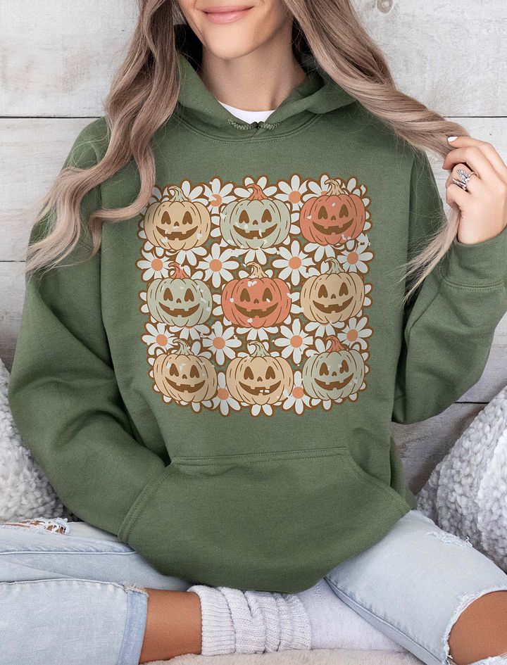 A Grid of Pumpkins and Flowers Hooded Sweatshirt | Cute Fall and Halloween Hoodie Design product image (26)