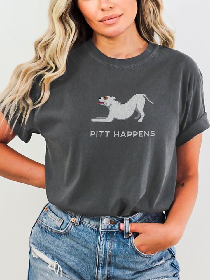 Pitt Happens T-Shirt(Embroidered) of a Pitbull Terrier(White) product image (2)
