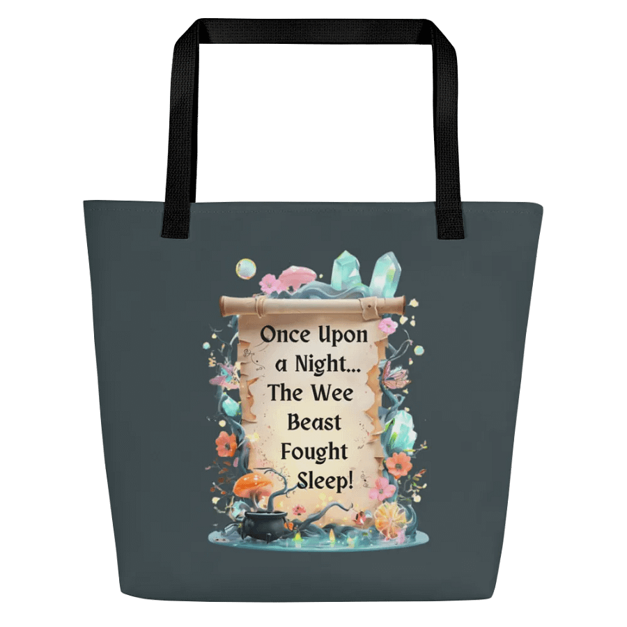Funny Mom Tote Bag With Pocket – ‘Once Upon A Night… The Wee Beast Fought Sleep!’ Parenting Humor Bag product image (1)