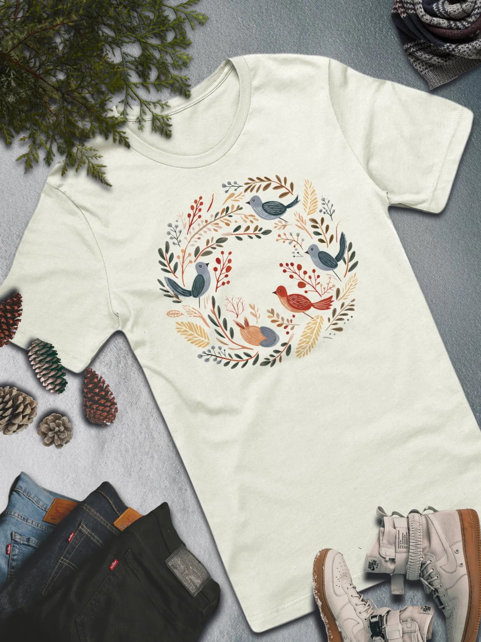 Floral Bird Wreath T-Shirt – Nature-Inspired Winter Fashion product image (1)