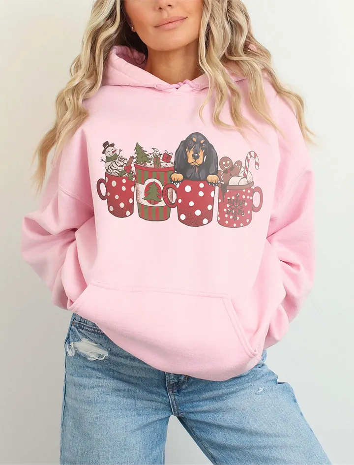 Cute Black & Tan Coonhound in a Christmas Cup Hooded Sweatshirt | Funny Christmas Pup in a Cup product image (6)