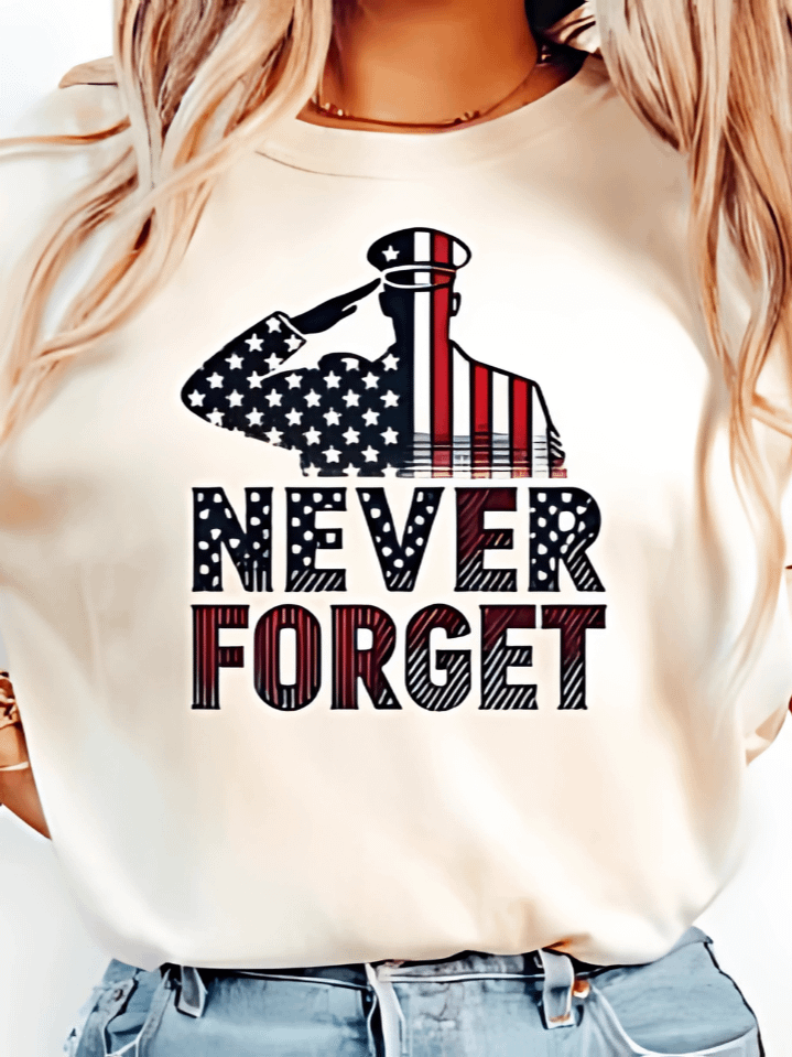 Never Forget T-Shirt Design – Memorial Day Tribute with USA Flag and Military Theme Sublimation PNG – Honoring Veterans and Heroes – Instant Digital Download – High-Resolution 300 DPI product image (1)