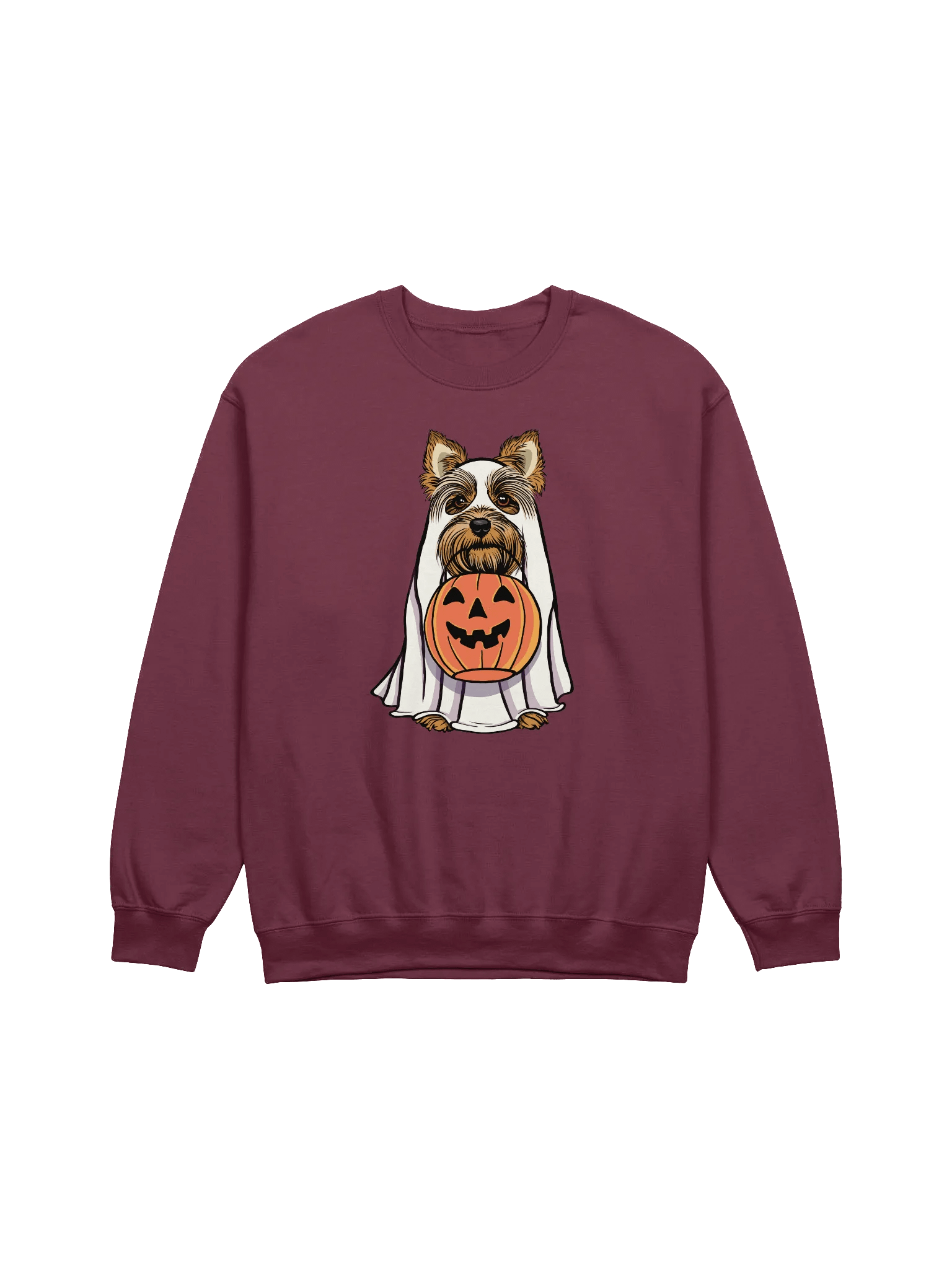 Funny Halloween Yorkshire Terrier Sweatshirt | Funny Yorkie Wearing a Ghost Costume and Holding a Pumpkin Basket product image (12)