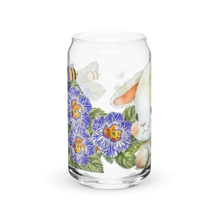 Garden Whispers: Bunny and the Primula Zebra Blues | 16oz Glass Can | Nature-Inspired Drinkware product image (1)