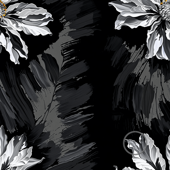 Seamless Pattern - Stripes of White flowers and Gray Leaves on a Black Background product image (1)