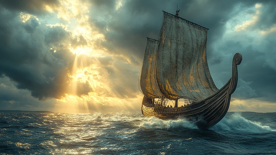 Viking longship sailing through stormy seas with dragon-headed prow