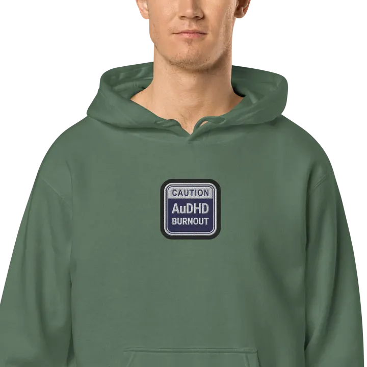 CAUTION: AuDHD BURNOUT embroidered pigment hoodie (navy bubble design 2) product image (2)