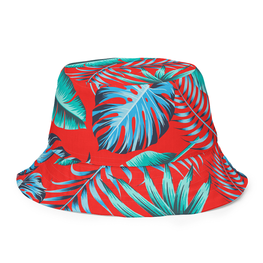 Bold Tropical Reversible Bucket Hat – Red Jungle Leaf Print product image (1)