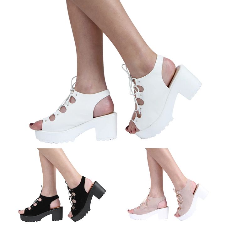 GIRLS KIDS MID LOW BLOCK HEEL CHUNKY LACE UP CUT OUT GLADIATOR SANDALS SHOES product image (1)