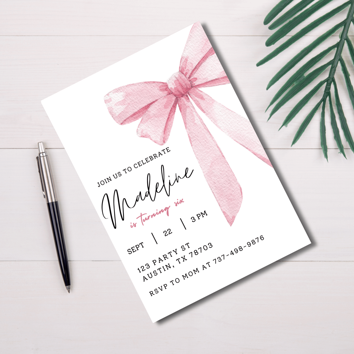 Pink Bow Birthday Invitation Template – Canva Editable Invitation for Girls product image (2)