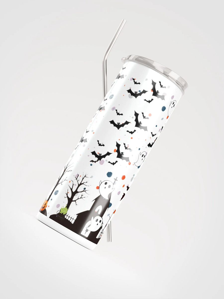 20 oz Stainless Steel Tumbler with Spooky Halloween Design – Ghosts, Witches, Bats & Haunted Houses, Reusable Straw & Lid product image (4)