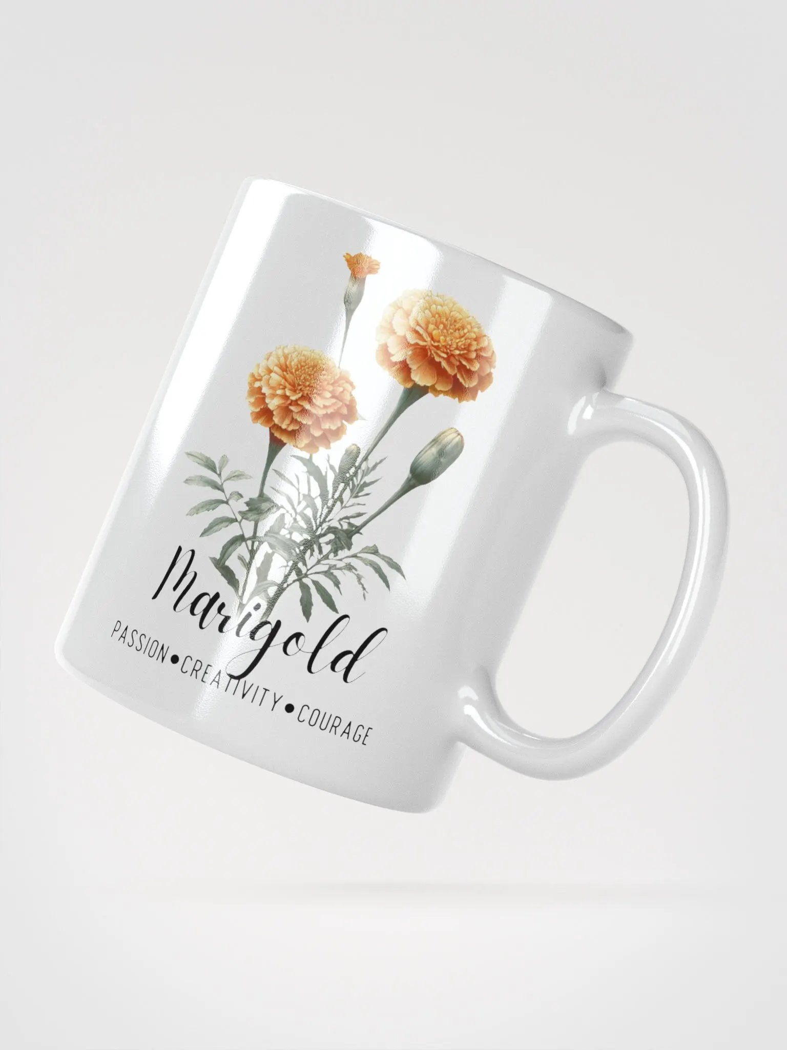 Marigold Ceramic White Mug: Passion, Creativity, Courage October Birth Month Flower product image (4)