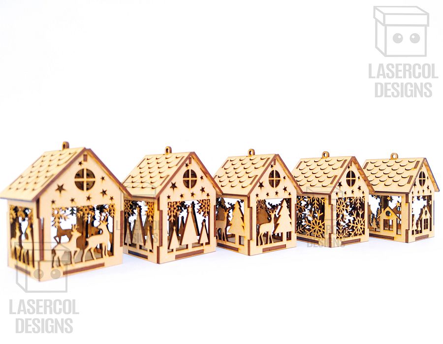 Christmas House Ornaments Set 1 (2 Sizes, 5 Styles) - Laser Cut Files product image (10)