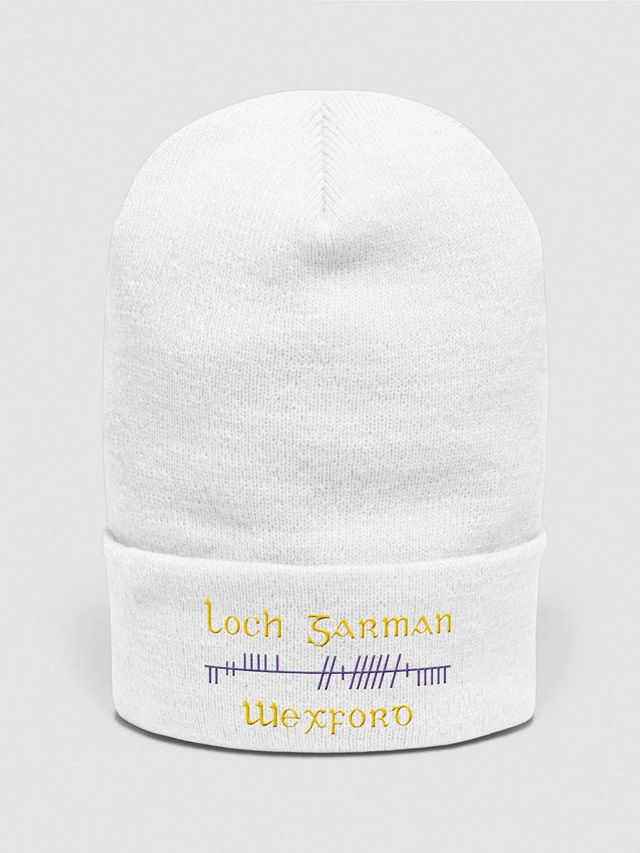 Wexford/Loch Garman, Orthodox style Ogham, purple and yellow, embroidered Cuffed Beanie product image (1)