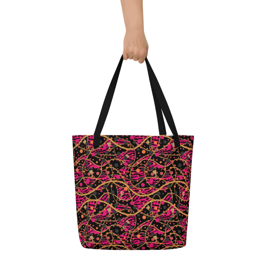Big printed tote bag with pocket bright reds/pink  gold design product image (7)