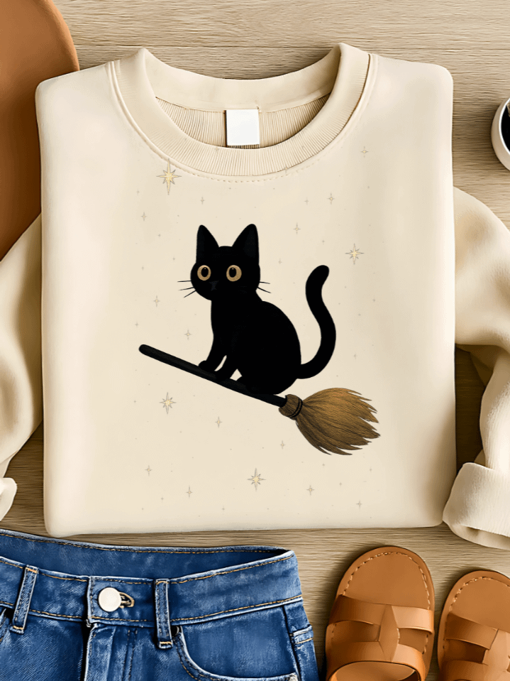 Broom Ride Black Cat Sublimation PNG – Flying Clipart for T-Shirts – Whimsical Halloween Theme – 300 DPI Instant Digital Download product image (1)