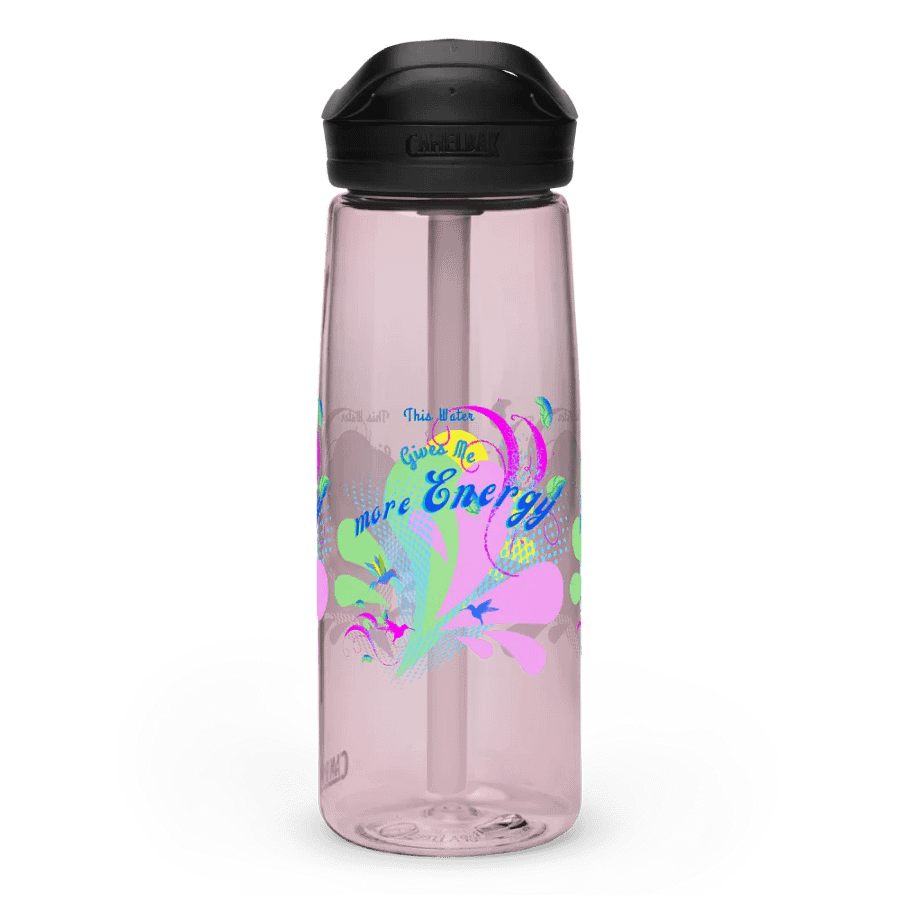 Camelback water bottle with beautiful swirly pink and green water drop splash and drops design featuring ' This water gives me Energy