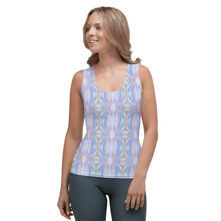 Ladies all over print tank top with soft  pastel blues and pinks.. Stylish and chic for the lady who likes the unusual. product image (1)