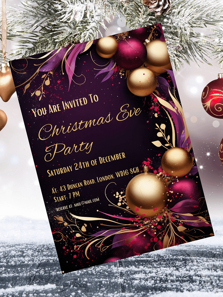 Elegant Purple and Gold Christmas Party Invitation | Editable in Canva | Christmas Party Printable | Holiday Invitation Template | Canva product image (2)