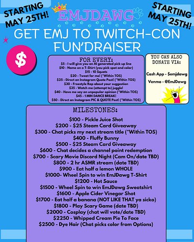 ****UPDATED FLYER******
AYYY Starting May 25th thru (hopefully) when I reach my goal! Let’s go to #TwitchCon2024! Hopefully w...
