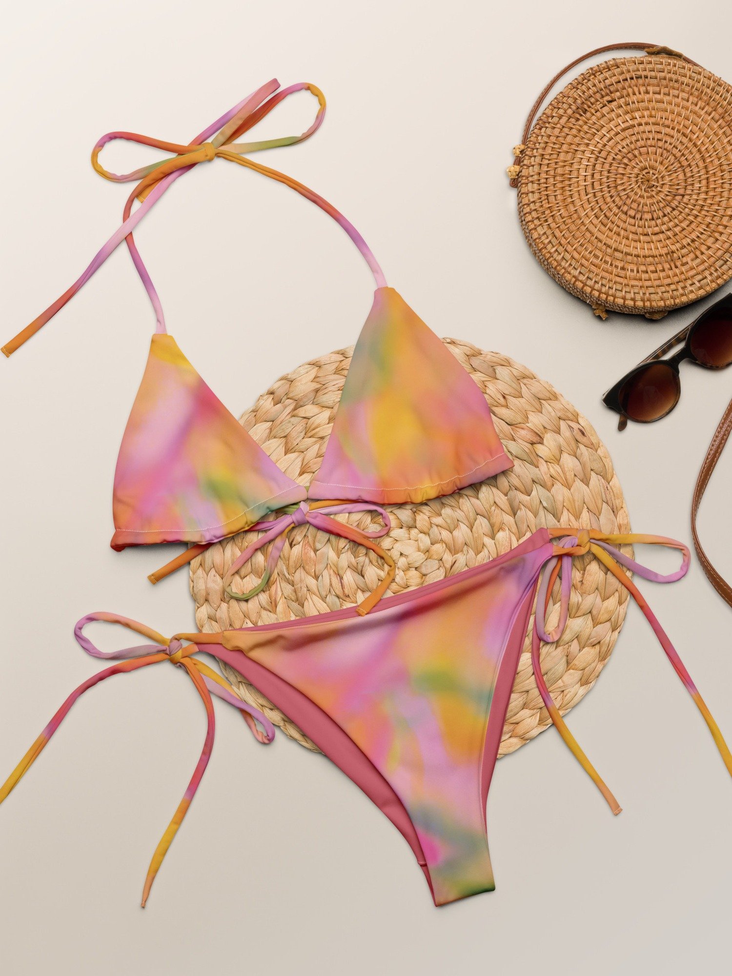 Recycled String Bikini Top "Sweet Pastel Tie Dye in Orange Light Pink" product image (8)