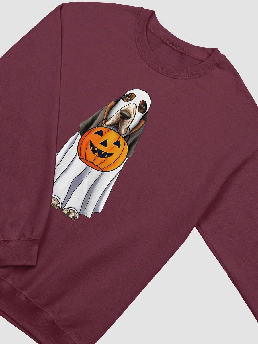 Basset Hound(Tricolor) Halloween Sweatshirt | Funny Halloween Basset Hound Wearing Ghost Costume with Pumpkin Basket product image (17)