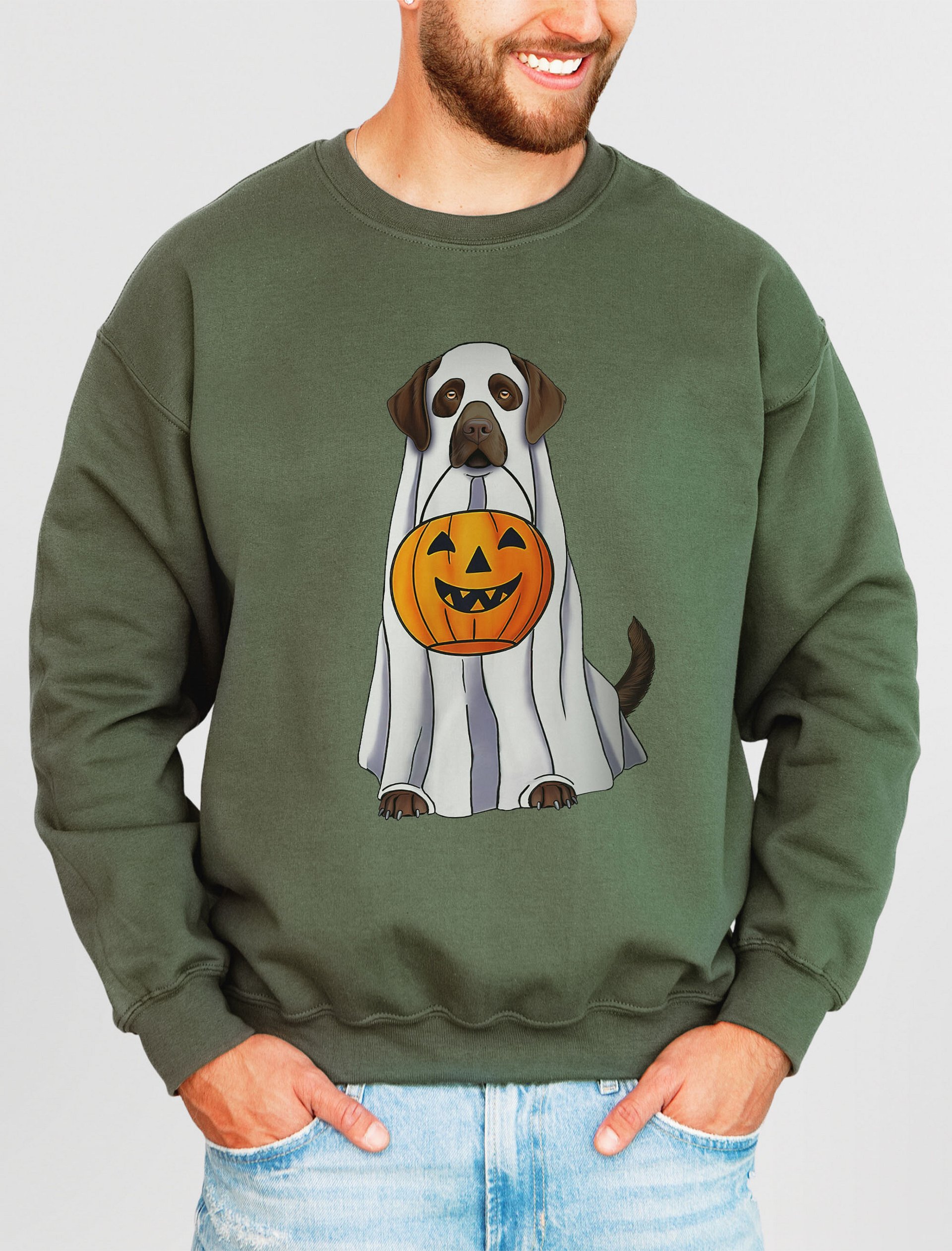 Labrador(Chocolate) Halloween Sweatshirt | Funny Fall & Halloween Labrador Wearing a Ghost Costume with a Pumpkin Basket product image (19)
