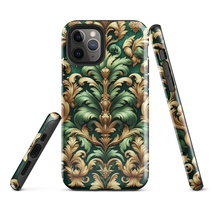 Tough Phone Case for iPhone® - Green and Gold Rococo Damask Floral Pattern product image (1)