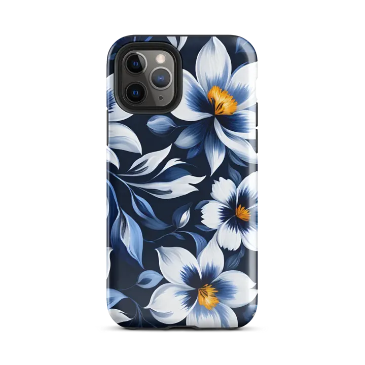 Tough Phone Case for iPhone® - Blue and White Flowers on a Dark Blue Background product image (2)