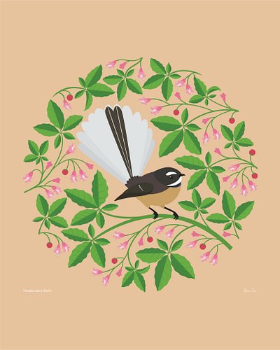 Pīwakawaka (fantail) in Pūriri. Our friendly Pīwakawaka, often seen flitting through Pūriri, enjoying the nectar of the bloss...