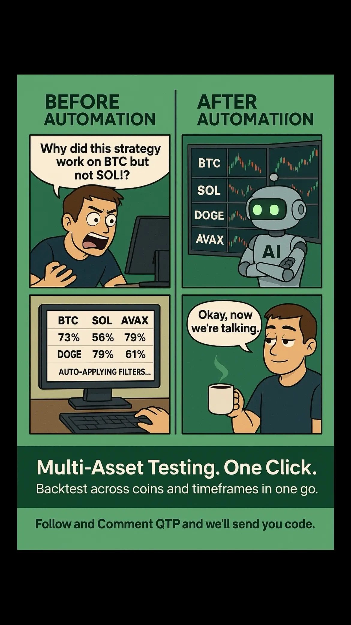 If you’re still wasting weekends on spreadsheets, squinting at charts at 2AM, or trying to figure out why your setup works on BTC but flops on SOL… It’s time for an upgrade. We built Quant Trading Pro because we were sick of second-guessing every entry. Now you can test thousands of strategy combinations across multiple assets and timeframes — all in minutes. No code. No burnout. No regrets. ✅ Find the best configs automatically ✅ Compare results across symbols like BTC, SOL, DOGE, AVAX ✅ Track win rate, drawdown, PnL, and more ✅ Let AI do the work — you focus on the strategy We’re giving out free Elite access to traders who want to test it for themselves. 📈 Want results like +220% PnL while spending more time with your family — not glued to the charts? 💬 Just drop “QTP” in the comments and we’ll DM you the code to get started.