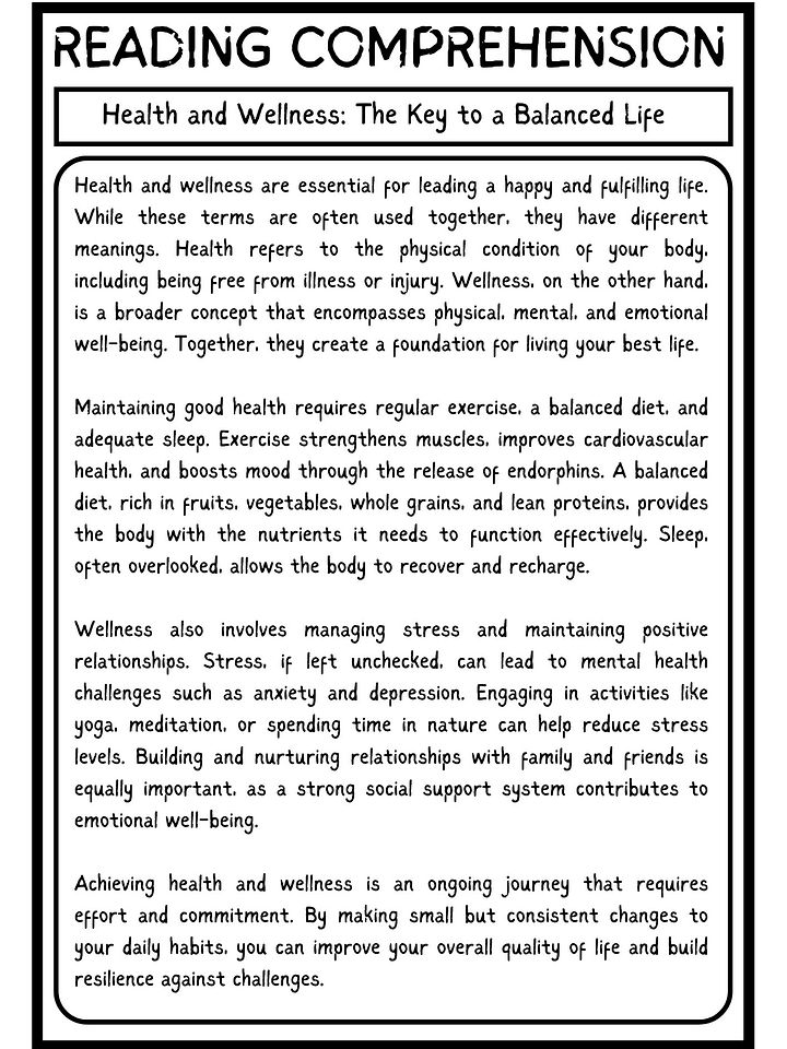 Health and Wellness Reading Comprehension PDF product image (2)