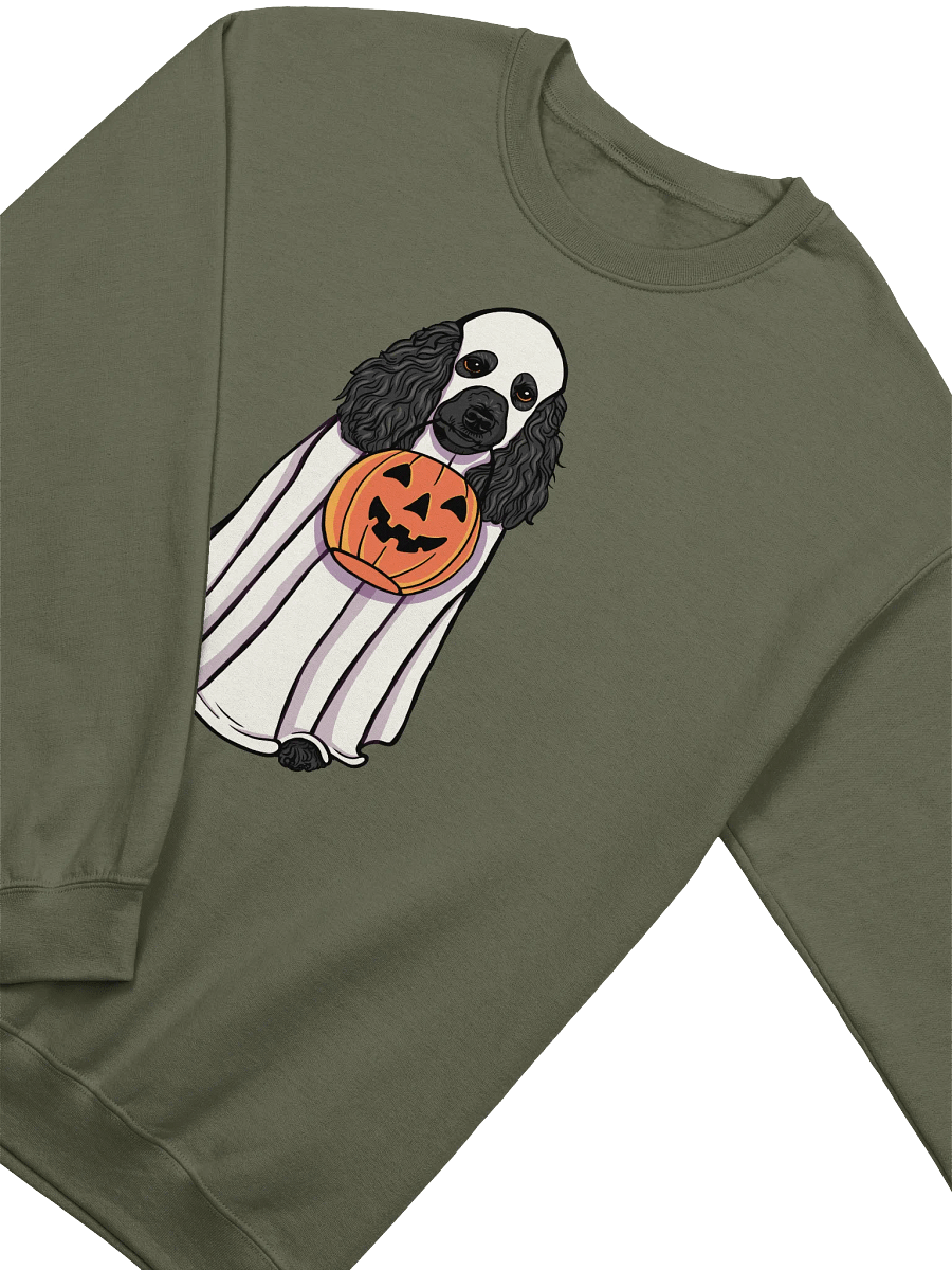 Funny Halloween Poodle(Black) Sweatshirt | Funny Papillon Wearing a Ghost Costume and Holding a Pumpkin Basket product image (14)