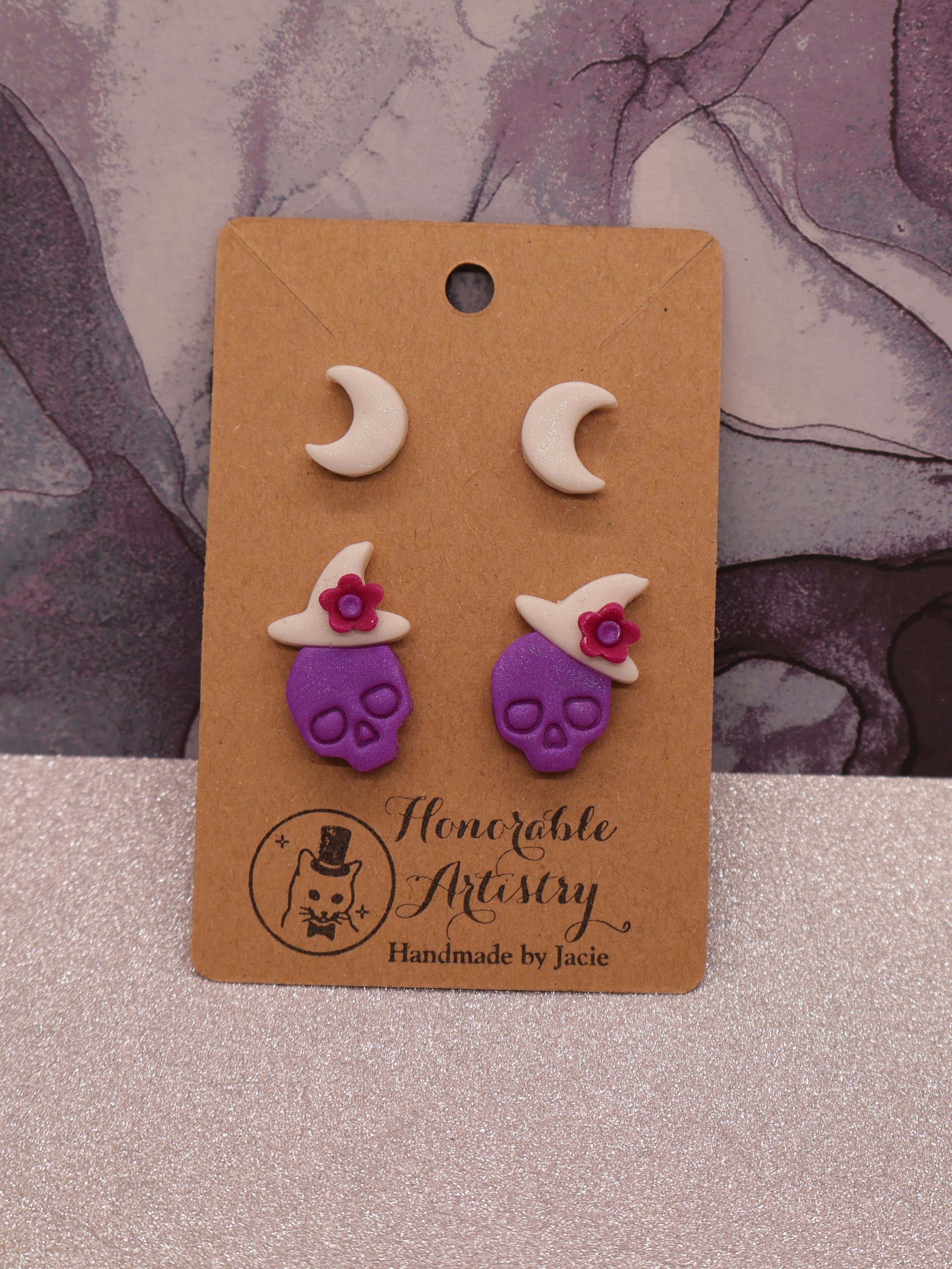Purple and White Witchy Skull Stud Earrings - Polymer Clay product image (6)