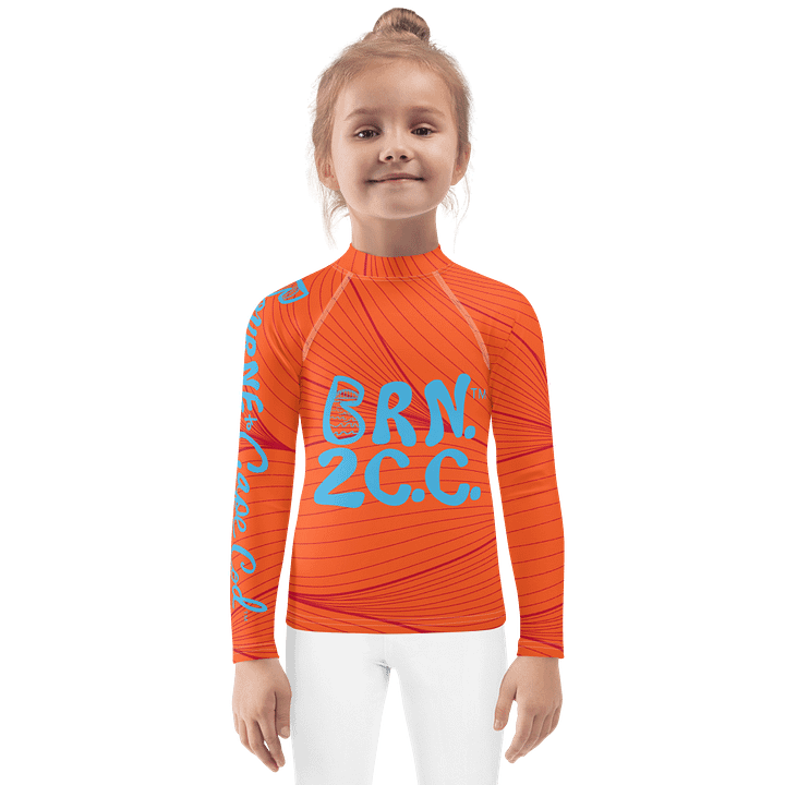 Girls' | Kids Rash Guard | BRN.2C.C.™ Front Print | BOURNE to Cape Cod™ Back & Sleeve Logo | Coastal UV Shirt for Active Kids | Slim Fit Swim Top | Blue Logo on Red and Orange product image (1)