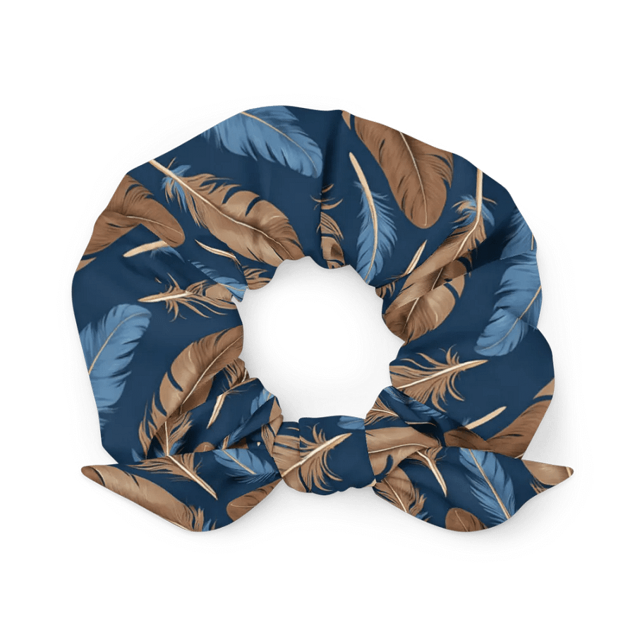 Hair Scrunchie - Blue and Brown Feathers on Blue Background product image (1)