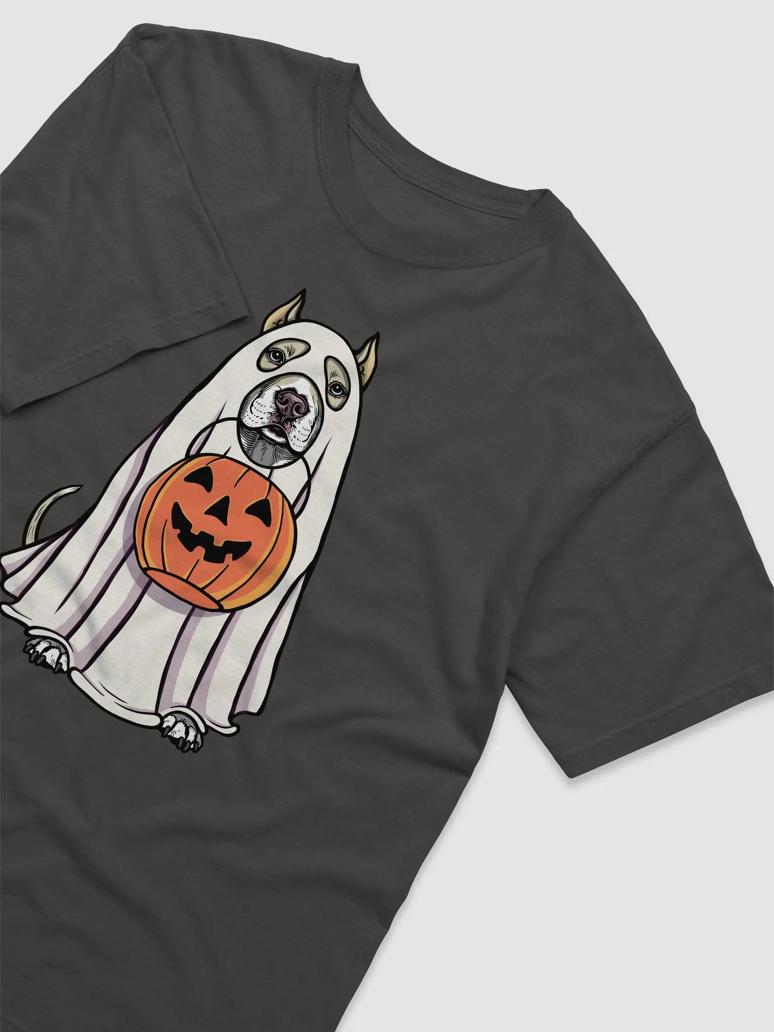 Funny Halloween Pitbull Terrier(Cropped Ears, Fawn) T-Shirt | Funny Pittie Wearing a Ghost Costume and Holding a Pumpkin Basket product image (19)