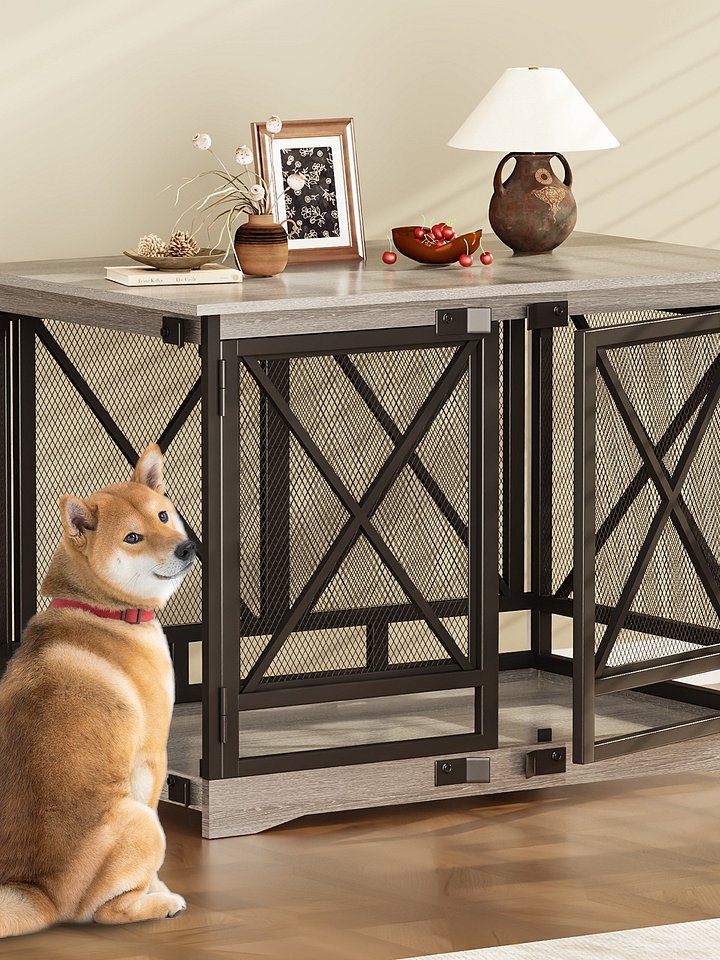 48 inch Extra Large Dog Crate Furniture,Double Door Indoor Kennel,End Side Table Wooden Dog Crates,Anti-Chew Anti-Escape, Gray product image (1)