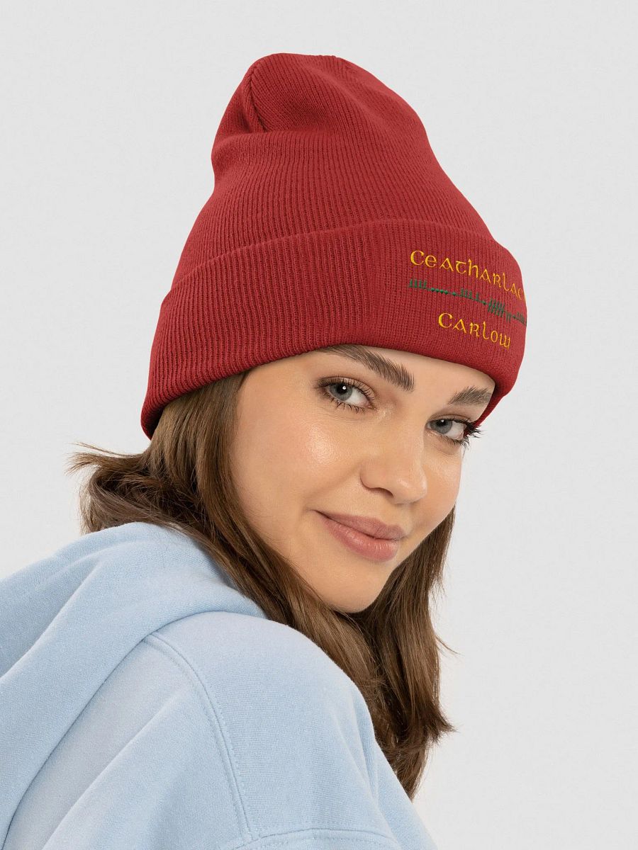 Carlow/Ceatharlach, Red with Green and Gold, Scholastic Style Ogham embroidered Cuffed Beanie product image (5)