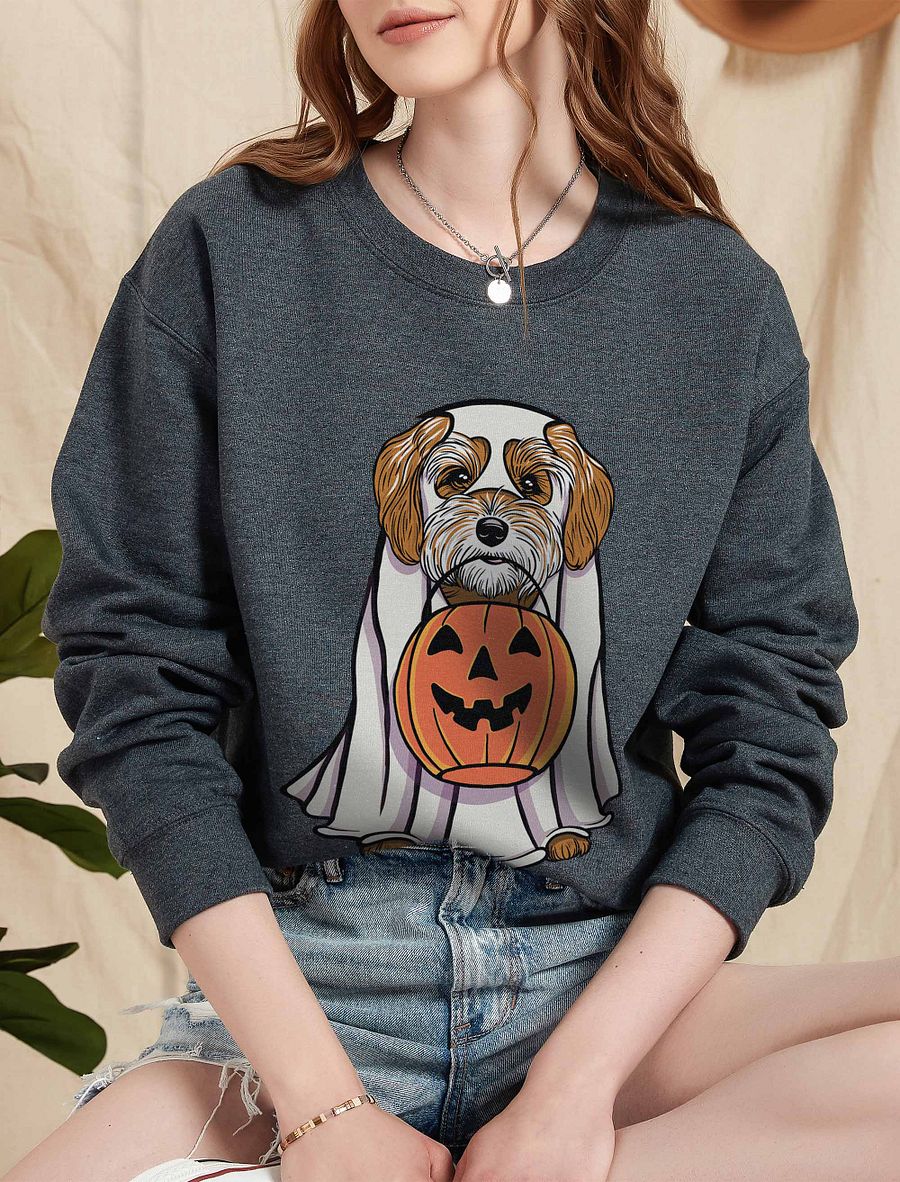 Funny Halloween Havanese(Brown & White) Sweatshirt | Funny Havanese Wearing a Ghost Costume and Holding a Pumpkin Basket product image (5)