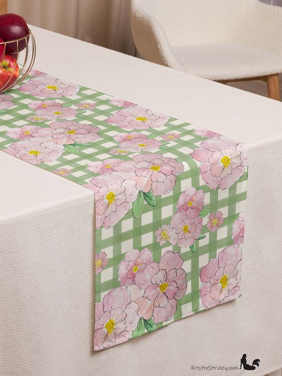 Gingham Blossoms Pink Flowers on Gingham Table Runner product image (4)