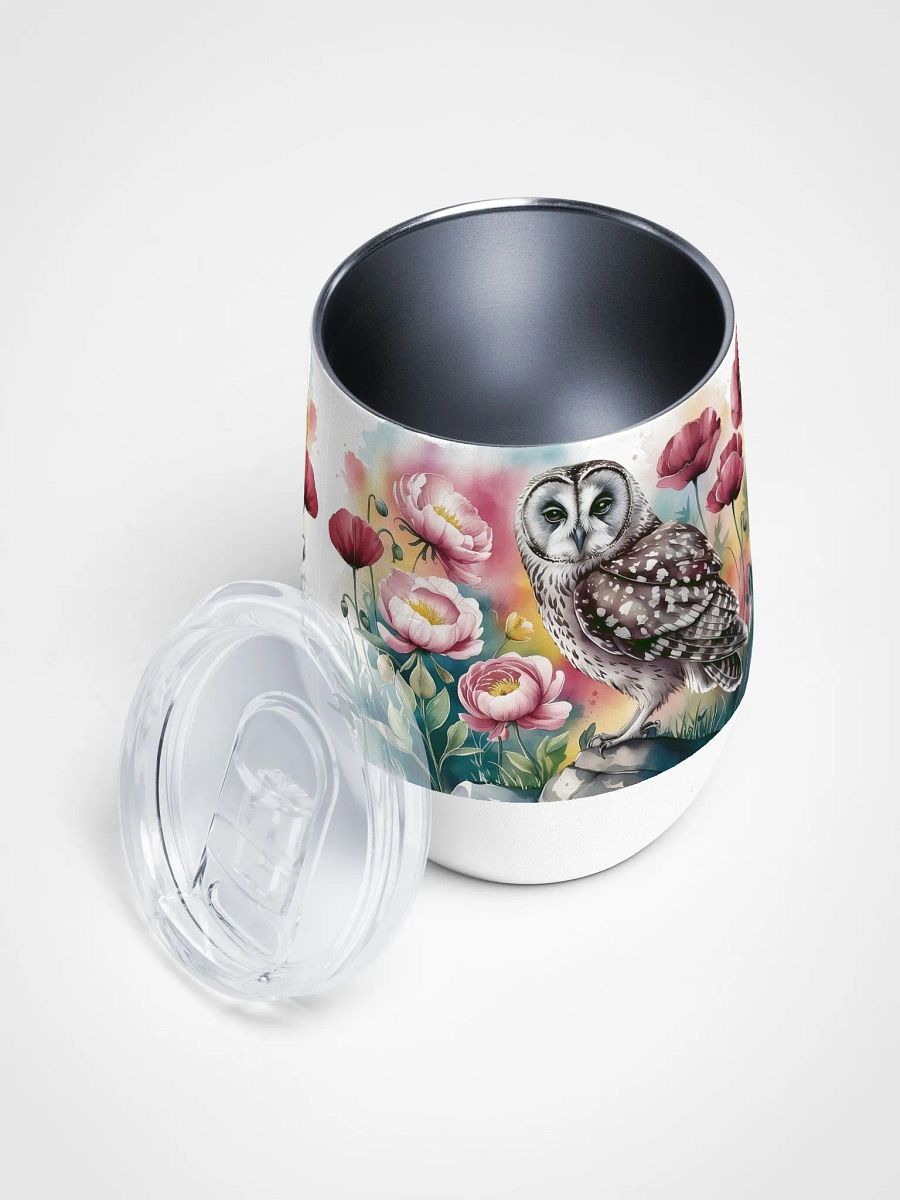 Curious Owl in Poppy Field 12 Oz Wine Tumbler – Whimsical Owl & Floral Watercolor Design product image (4)